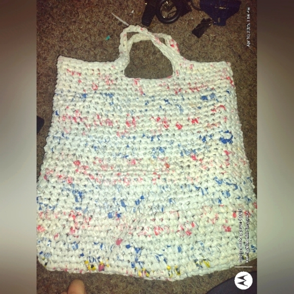 White Market Tote with Blue and Red Print Reusable Grocery Bag Handmade - Picture 1 of 3
